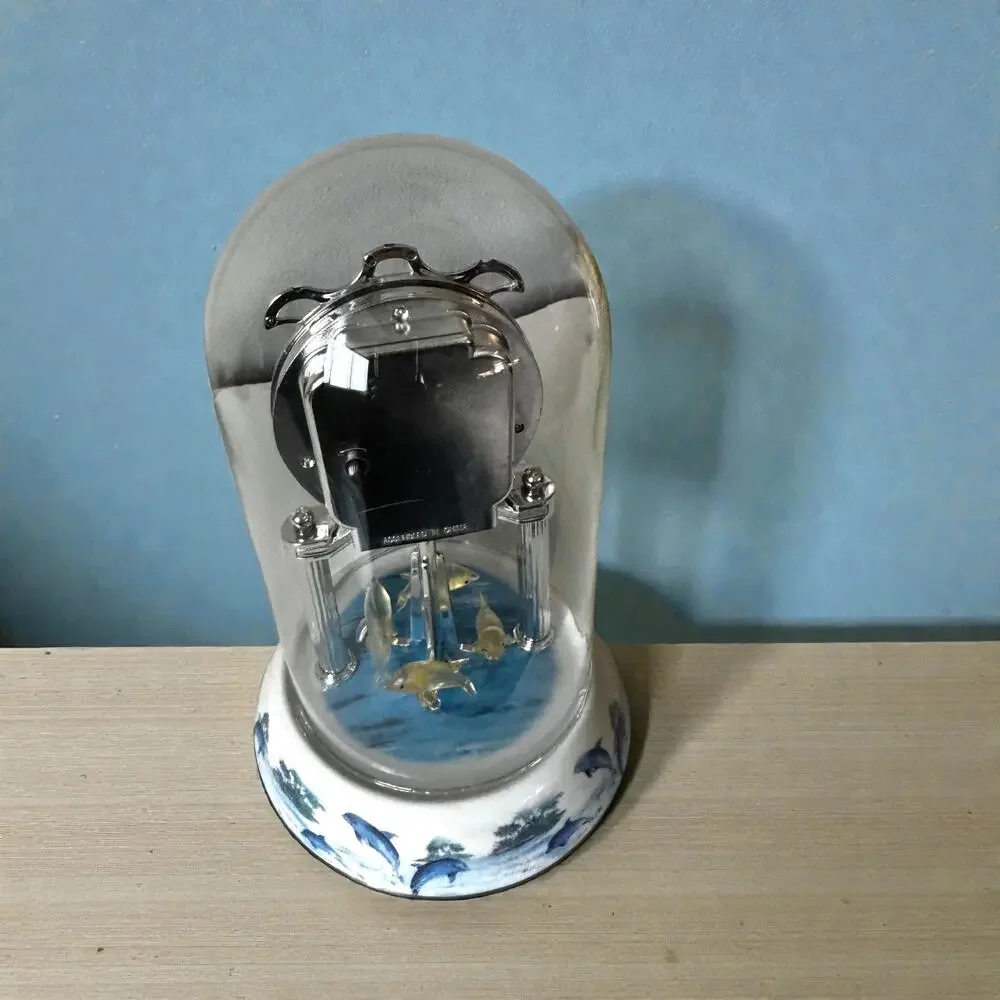 Waltham Dolphin Anniversary Clock Blue White Porcelain Glass Dome Quartz